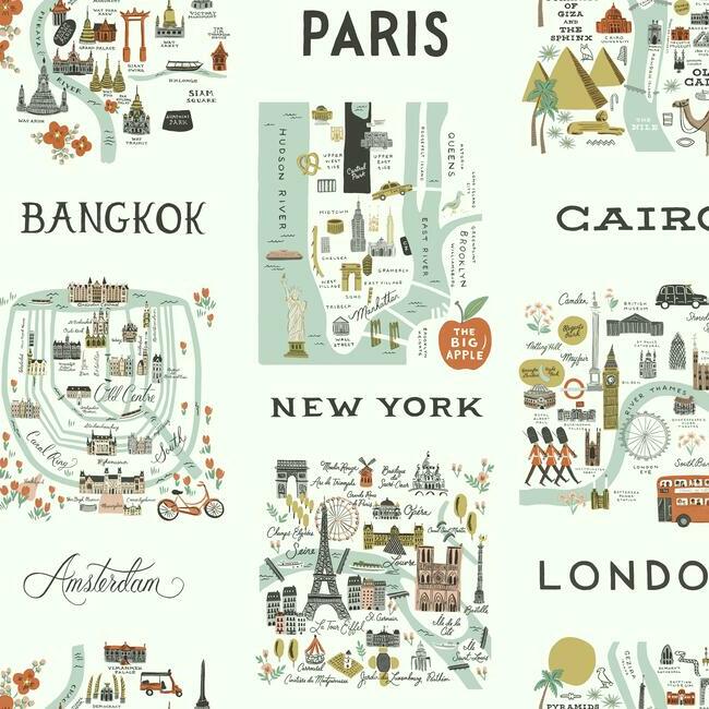 City Maps Wallpaper- Mint - Toile Wallpaper