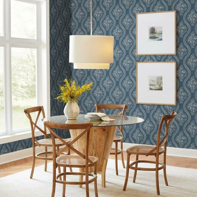 Coverlet Floral Premium Peel + Stick Wallpaper- Taupe On Navy - Floral Wallpaper