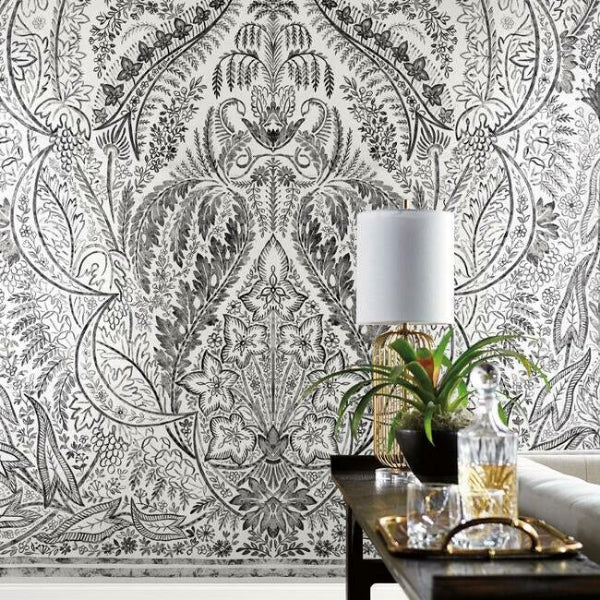 Jaipur Paisley Damask Wall Mural- Black/White - Damask Wallpaper