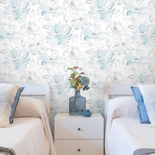 Floral Dreams Peel and Stick Wallpaper- Teal/Mineral Gree - Floral Wallpaper