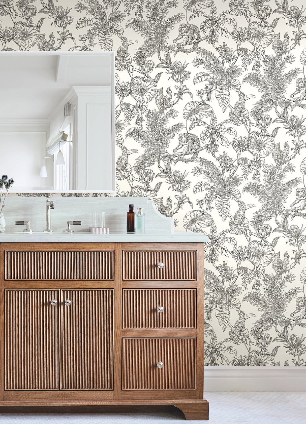 Tropical Sketch Toile Wallpaper- Black - Toile Wallpaper