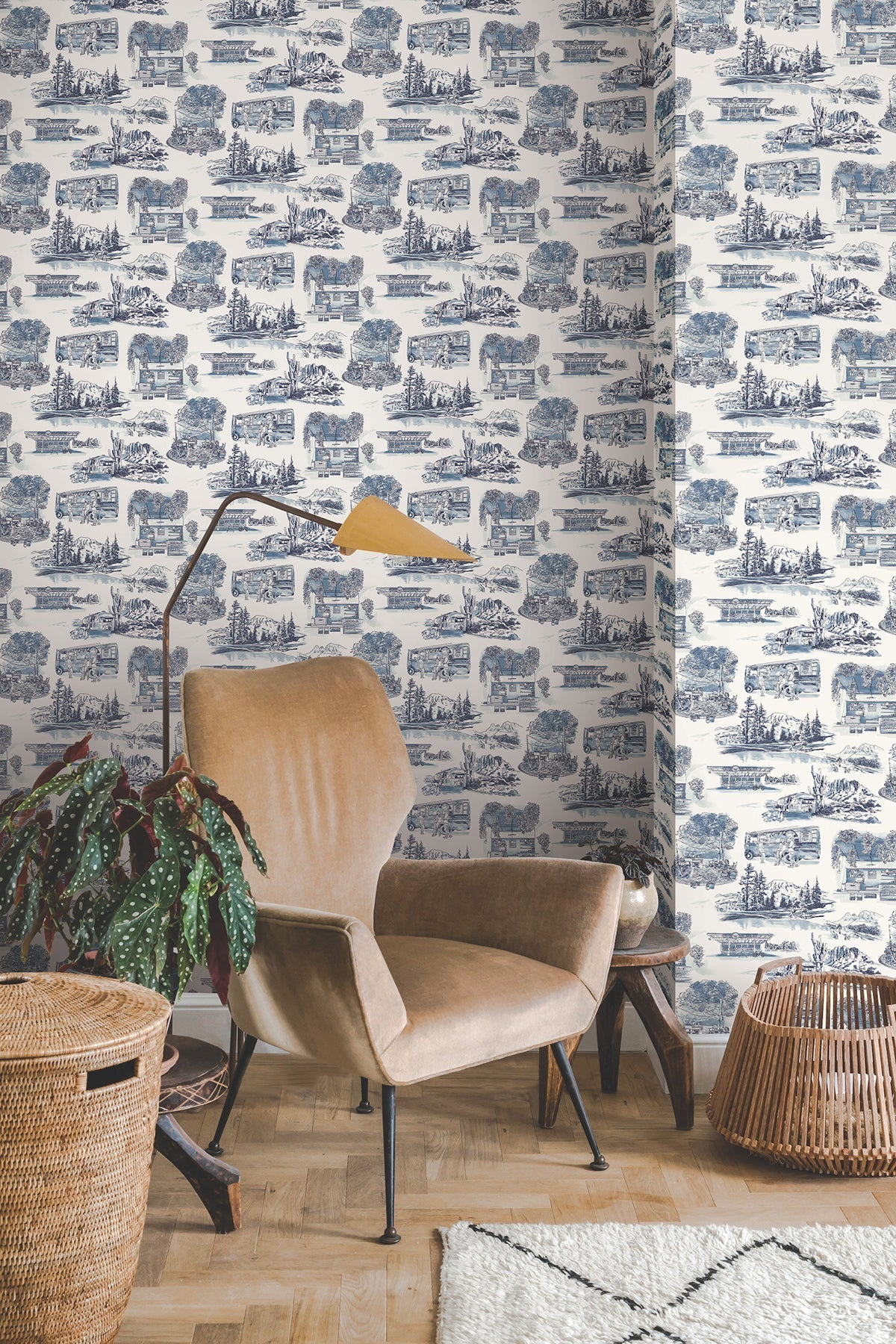 Modern Vista Toile Wallpaper- Navy - Toile Wallpaper