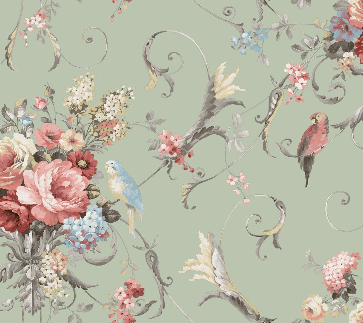 Parrots with Floral Bouquets Premium Peel + Stick Wallpaper- Green - Floral Wallpaper