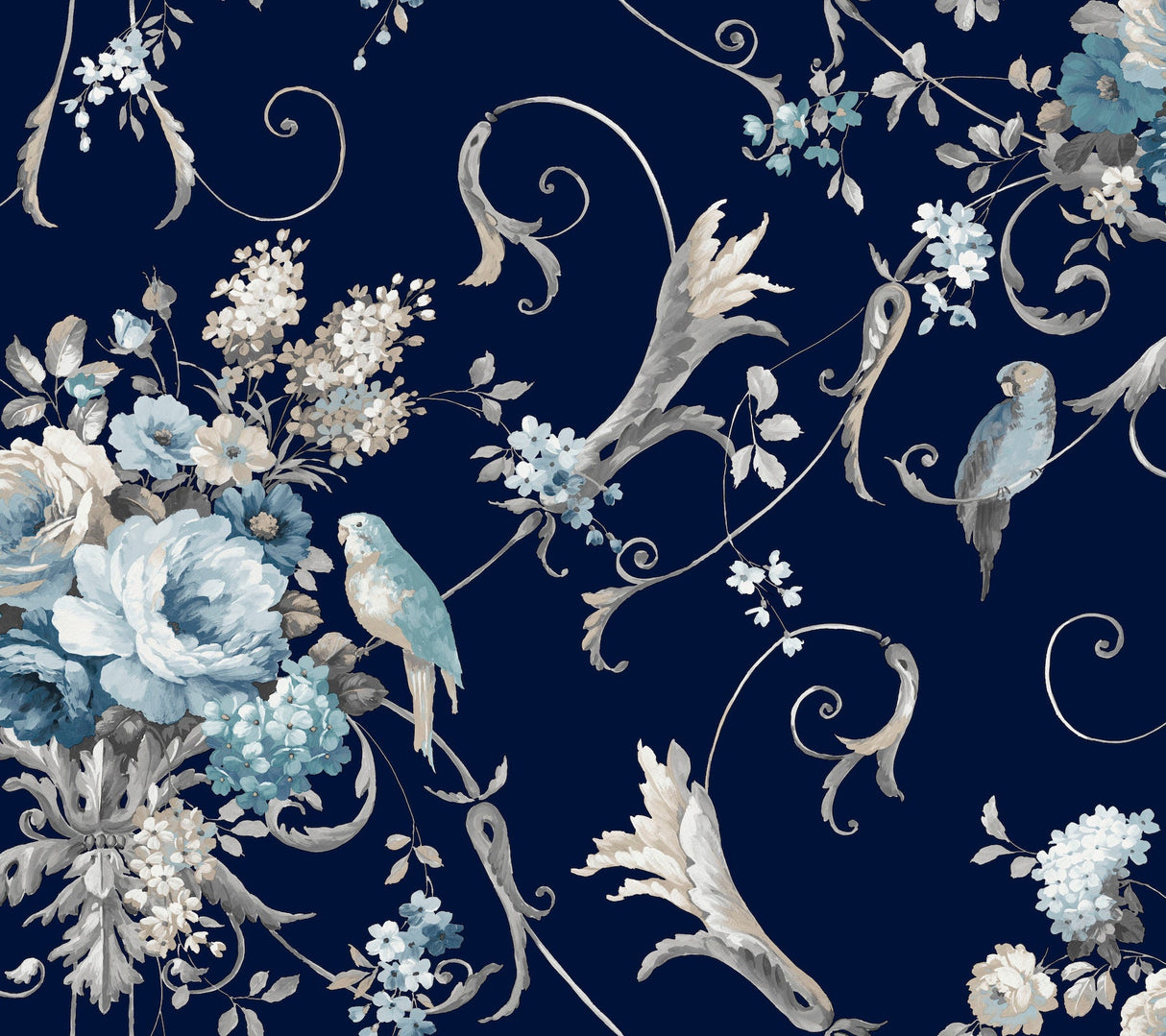 Parrots with Floral Bouquets Premium Peel + Stick Wallpaper- Navy - Floral Wallpaper