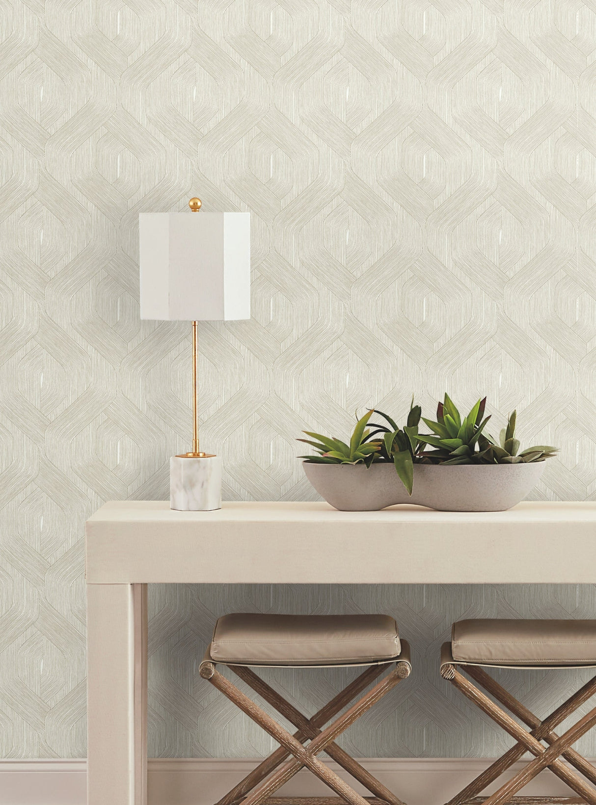 Fine Line Geometric Wallpaper- Taupe on White - Geometric Wallpaper