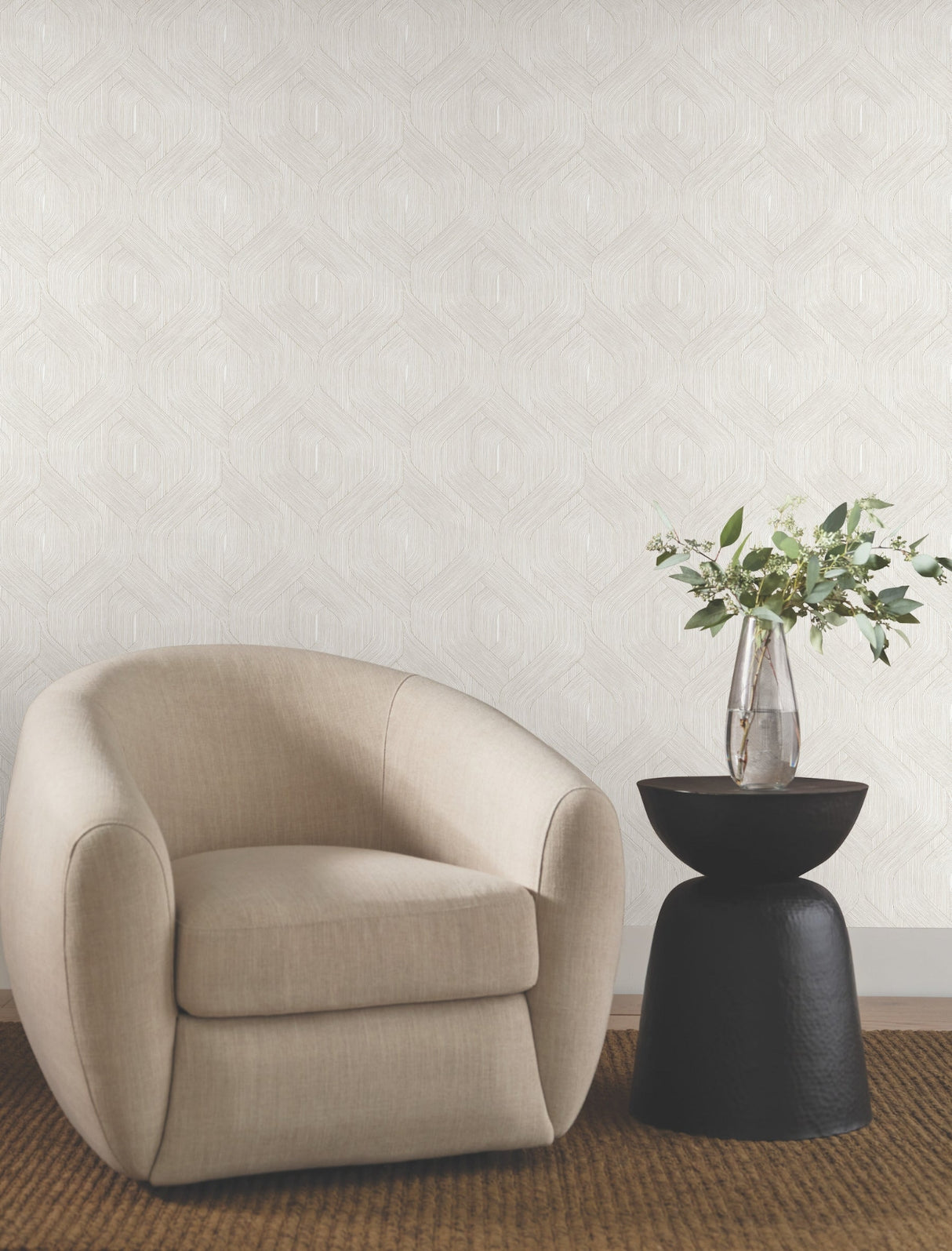 Fine Line Geometric Wallpaper- Taupe on White - Geometric Wallpaper