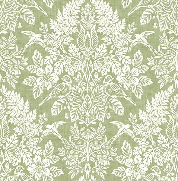 Finch Light Green Woodland Damask Wallpaper - Toile Wallpaper