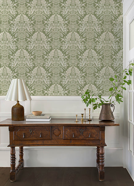 Finch Light Green Woodland Damask Wallpaper - Toile Wallpaper