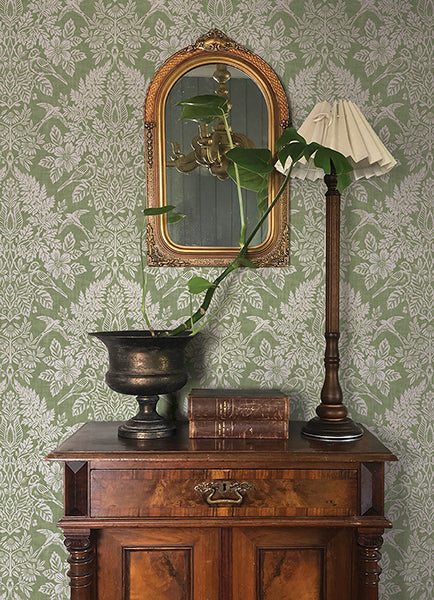 Finch Light Green Woodland Damask Wallpaper - Toile Wallpaper