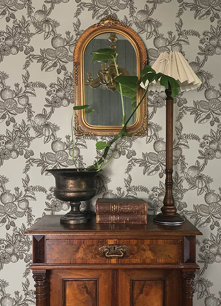 Gerty Black Fruit Toile Wallpaper - Toile Wallpaper