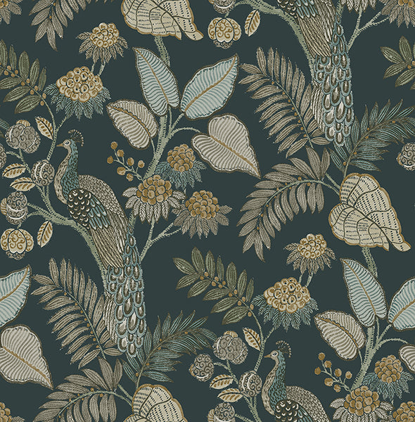 Geneva Sea Green Peacock Paradise Wallpaper - Toile Wallpaper