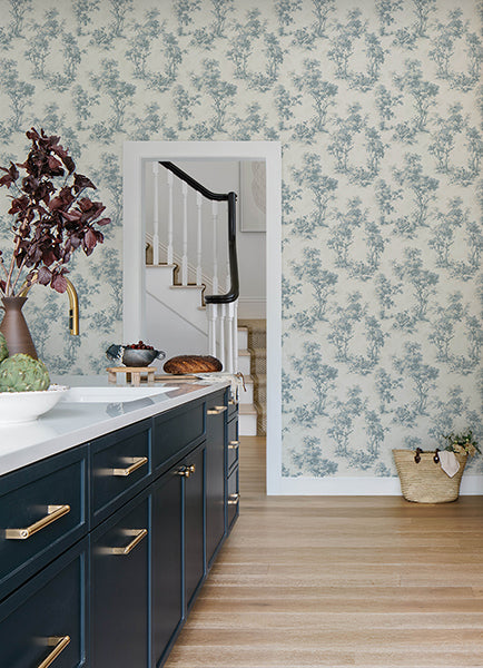 Sainsbury Light Blue Forest Wallpaper - Toile Wallpaper