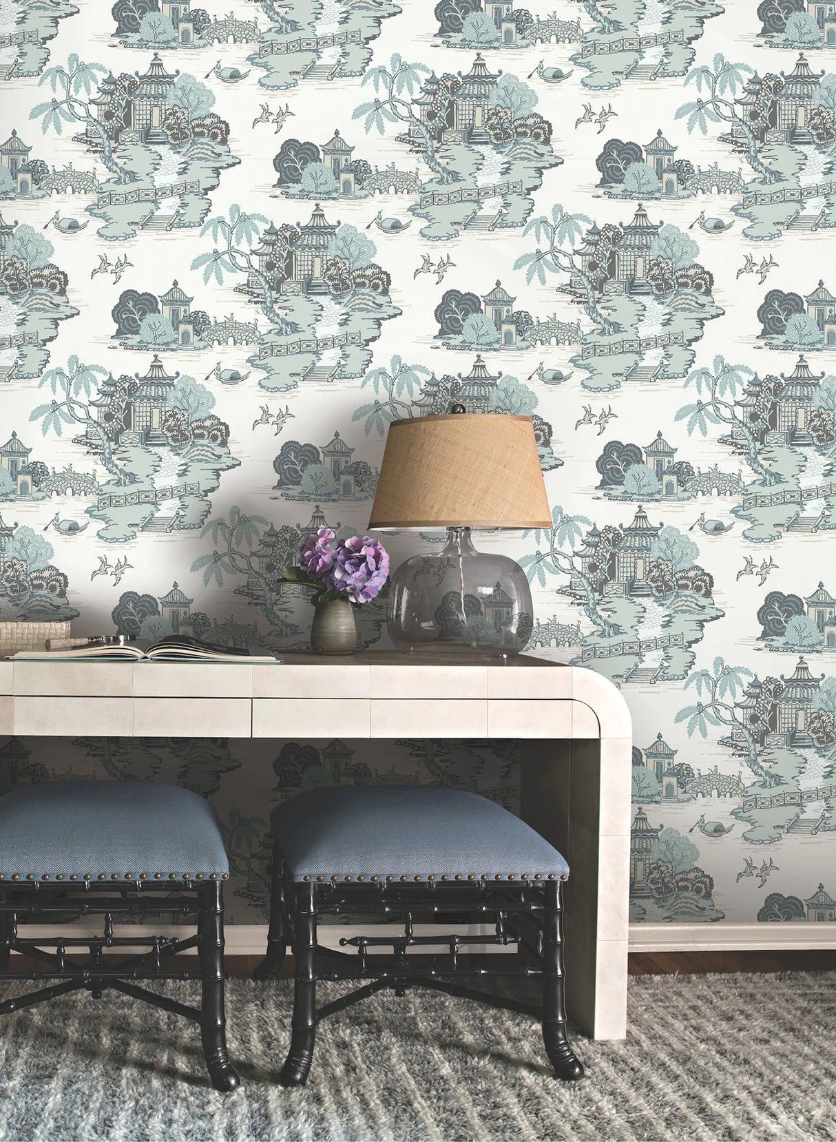 Pagoda and Sampan Scenic Wallpaper by Toiles Resource Library