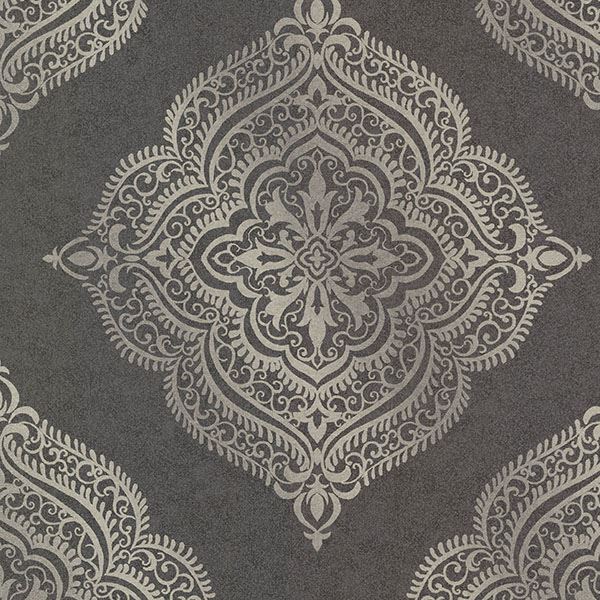 Capella Charcoal Medallion - Damask Wallpaper