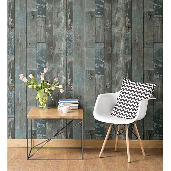 Deena Blue Distressed Wood Wallpaper - Distressed Wallpaper
