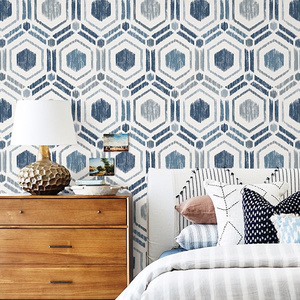 Borneo Blue Geometric Grasscloth Wallpaper - Grasscloth Wallpaper