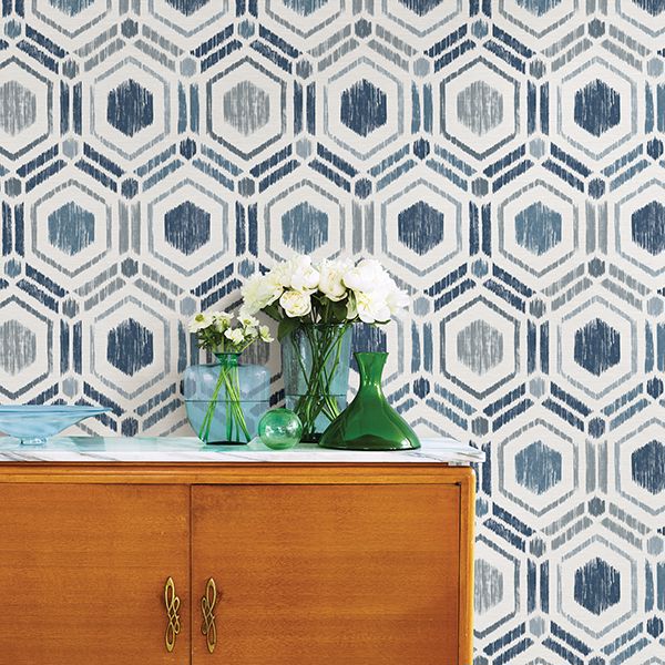 Borneo Blue Geometric Grasscloth Wallpaper - Grasscloth Wallpaper