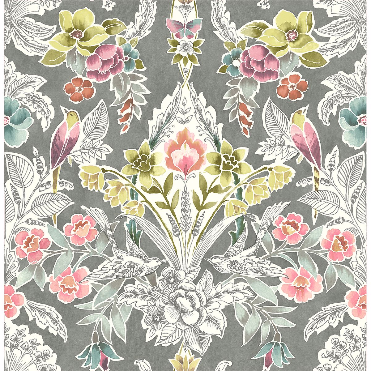 Vera Multicolor Floral Damask Wallpaper - Damask Wallpaper