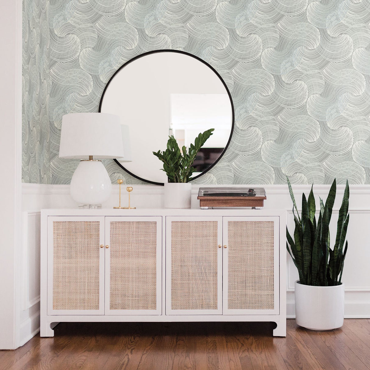 Karson Teal Swirling Geometric Wallpaper- Scott Living - Scroll Wallpaper