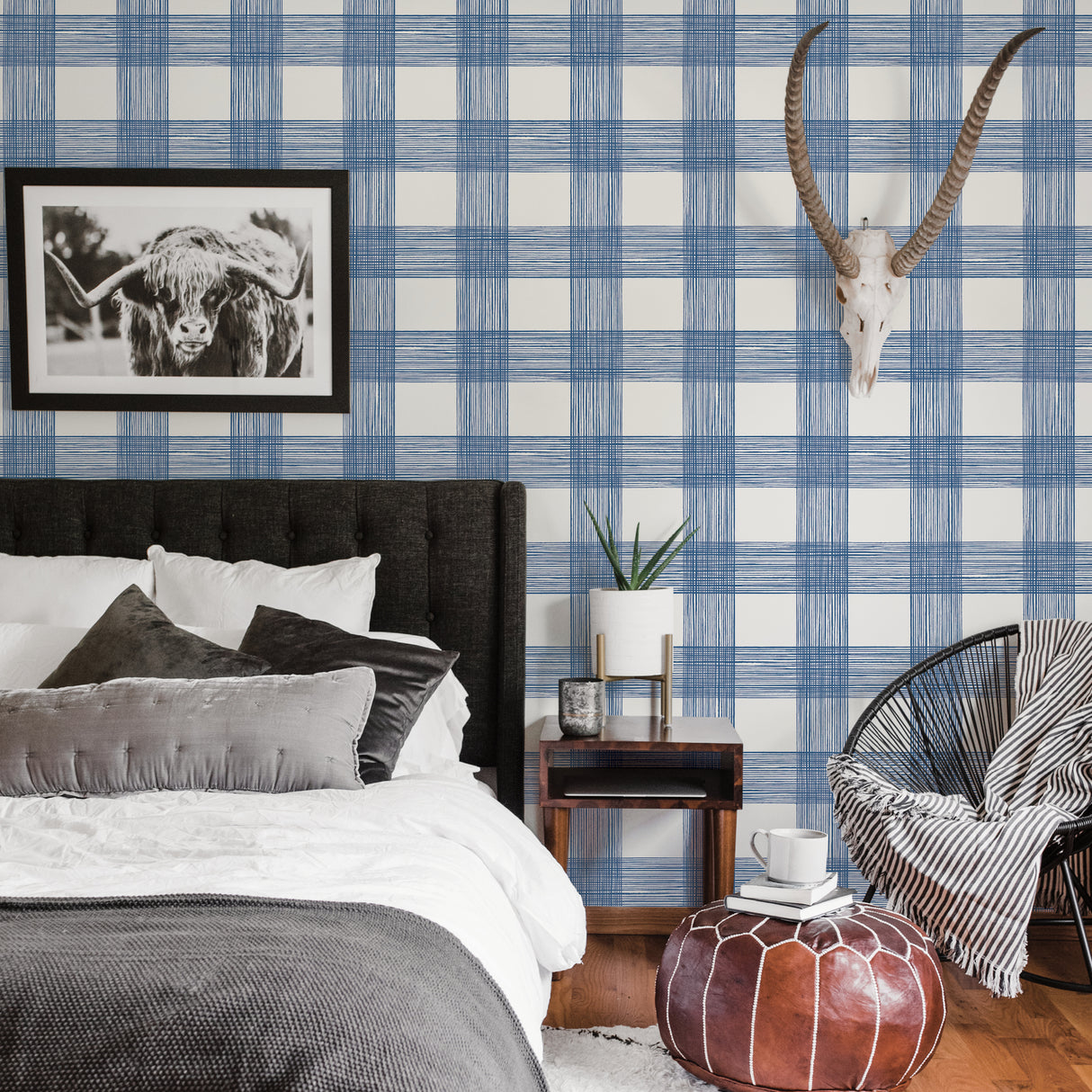 Scarborough Indigo Striated Plaid Wallpaper - Plaid Wallpaper