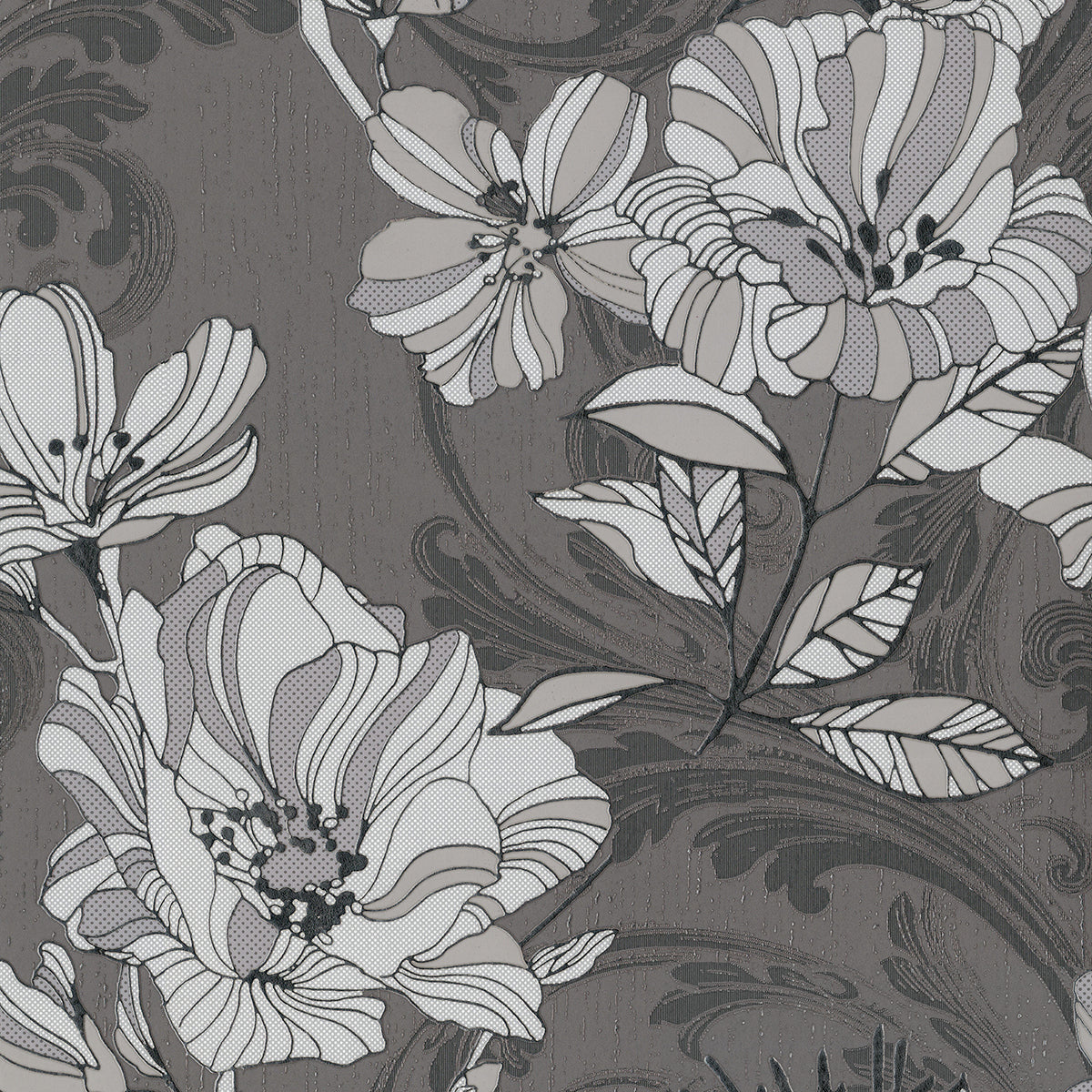 Selene Silver Mucha Floral Wallpaper - Scroll Wallpaper