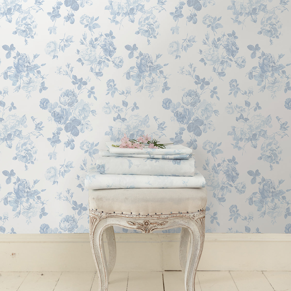 Everblooming Rosettes Sky Blue Cabbage Rose Bouquets Wallpaper - Toile Wallpaper