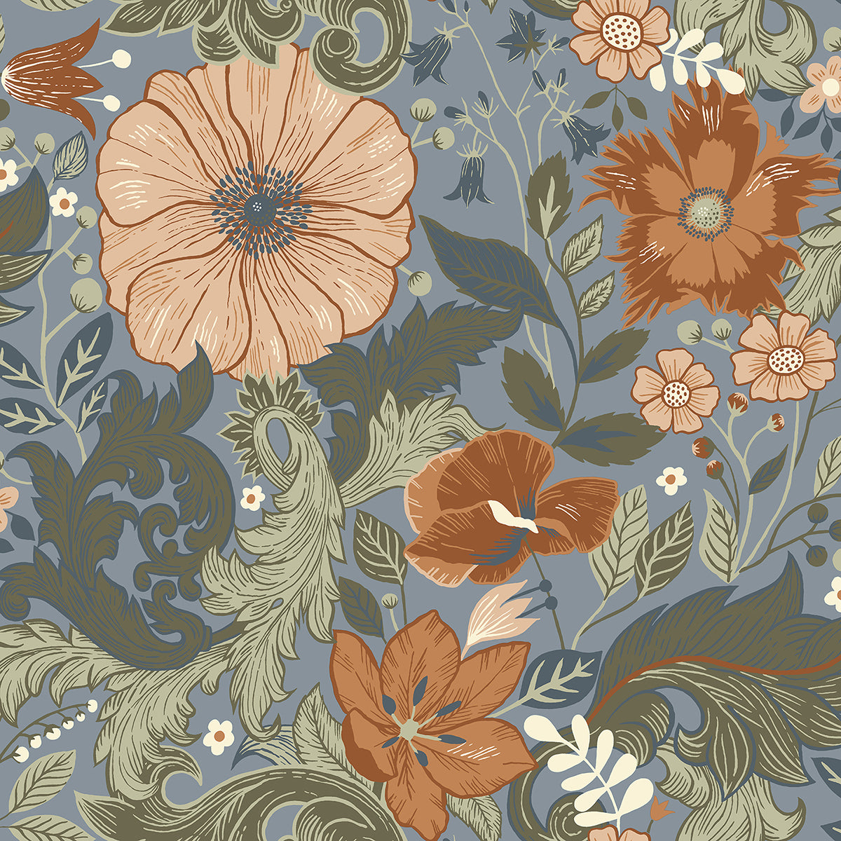 Victoria Blue Floral Nouveau Wallpaper - Scroll Wallpaper