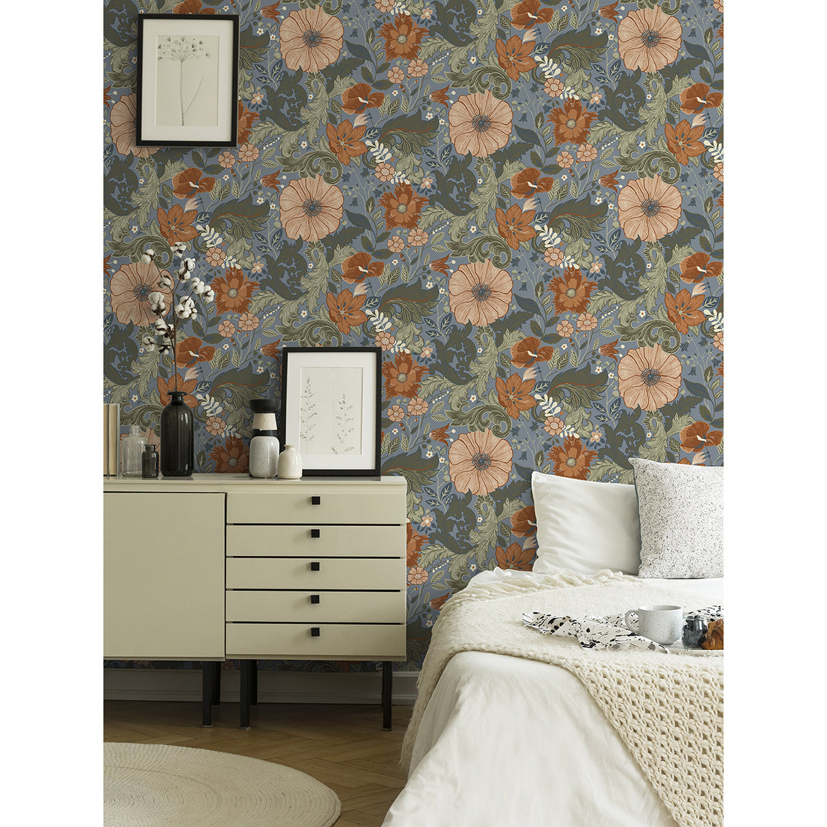 Victoria Blue Floral Nouveau Wallpaper - Scroll Wallpaper