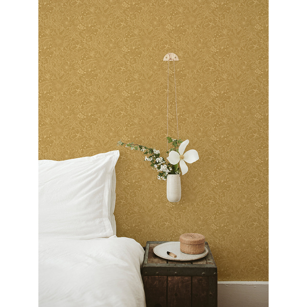Wilma Yellow Floral Block Print Wallpaper - Scroll Wallpaper