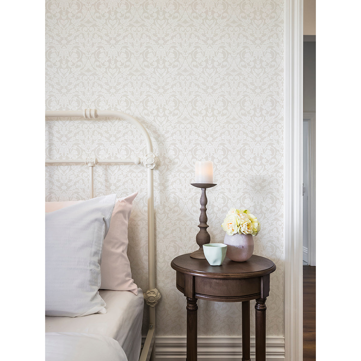 Rosali Cream Scroll Damask Wallpaper - Damask Wallpaper