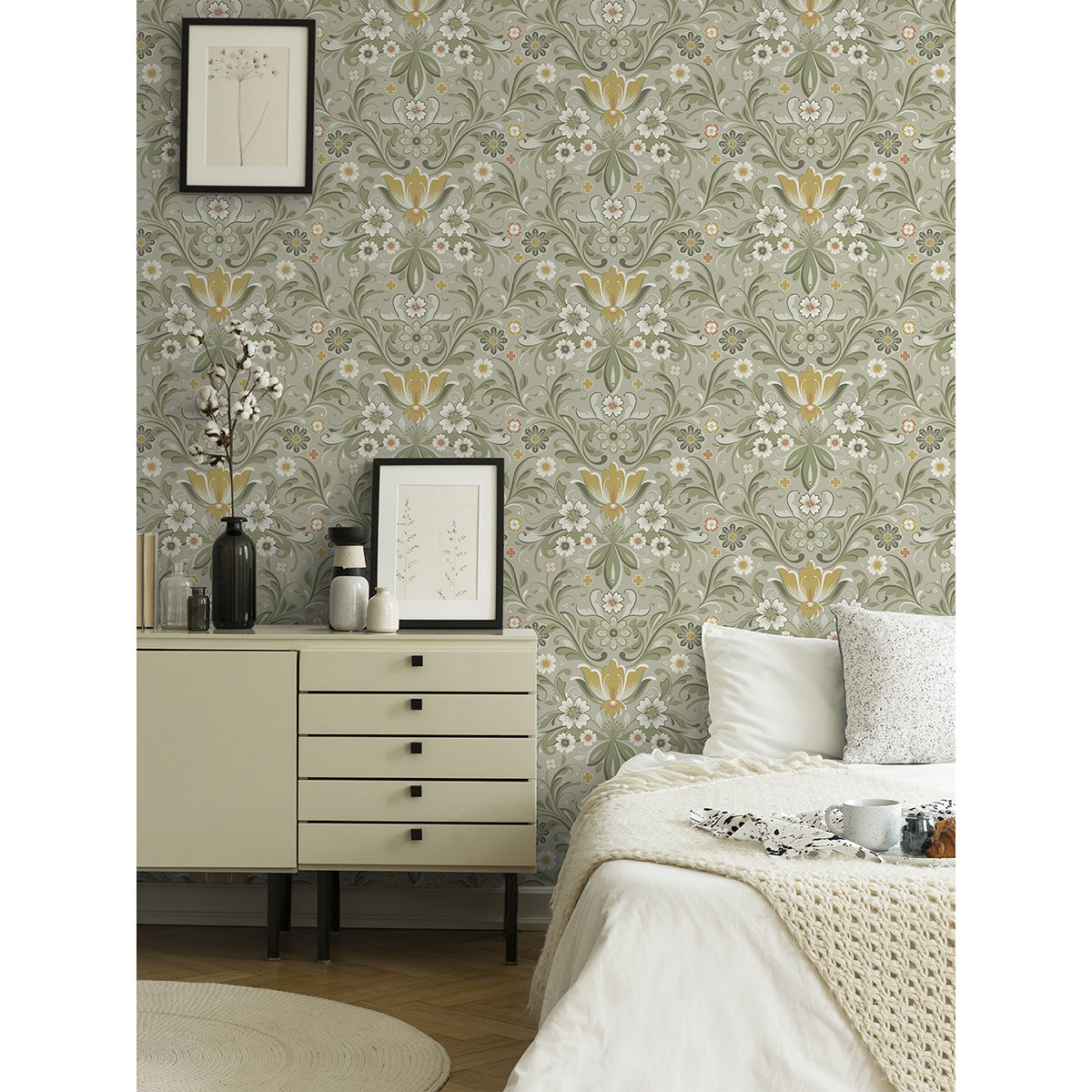 Ostanskar Green Retro Floral Wallpaper - Floral Wallpaper
