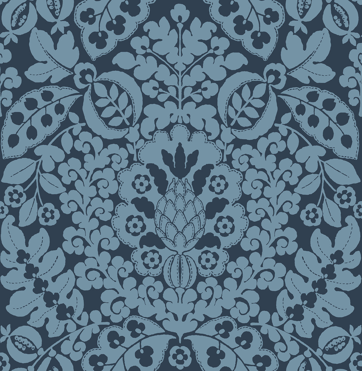 Marni Navy Fruit Damask Wallpaper - Damask Wallpaper