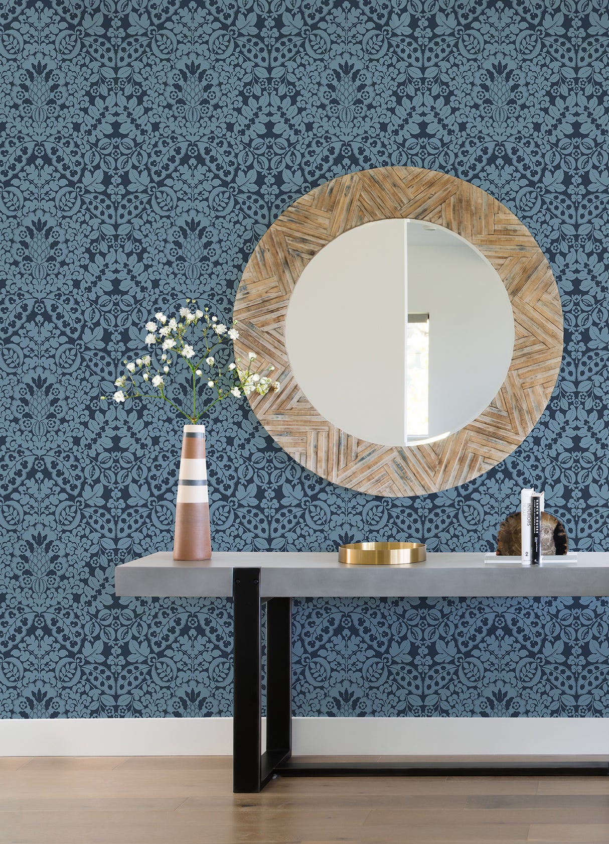 Marni Navy Fruit Damask Wallpaper - Damask Wallpaper