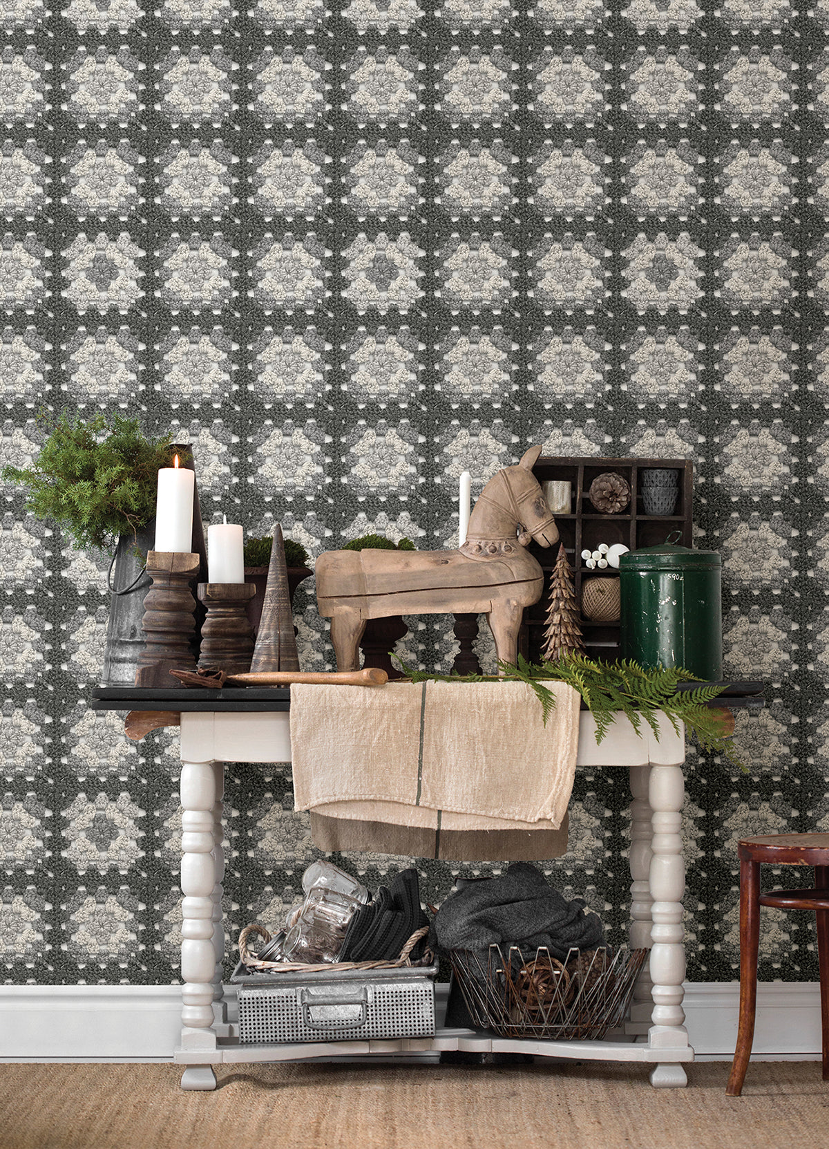 Maud Grey Crochet Geometric Wallpaper - Geometric Wallpaper