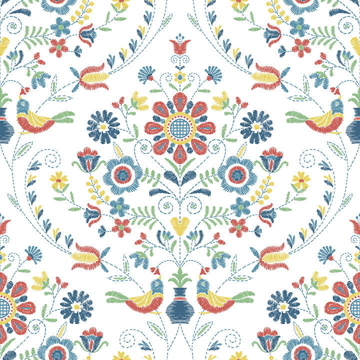 Britt Multicolor Embroidered Damask Wallpaper - Damask Wallpaper