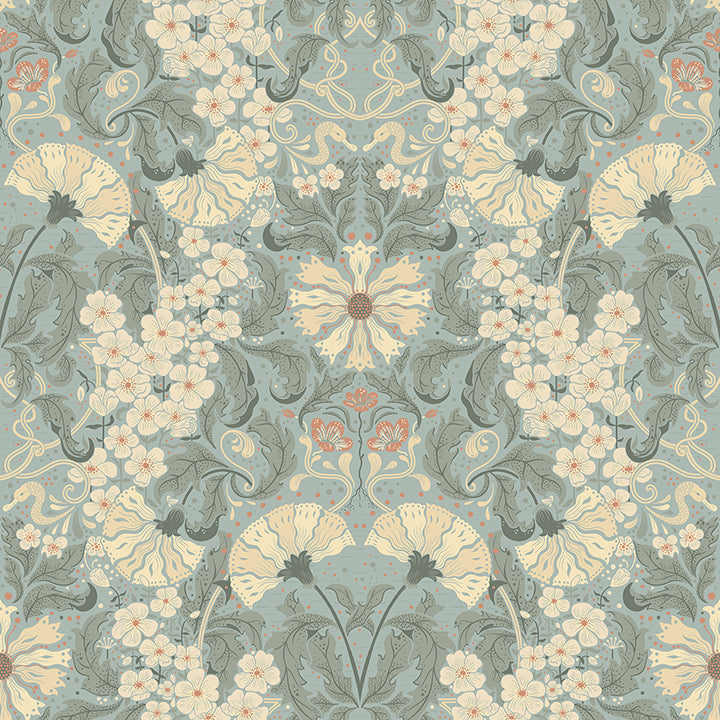 Ojvind Light Blue Floral Ogee Wallpaper - Scroll Wallpaper