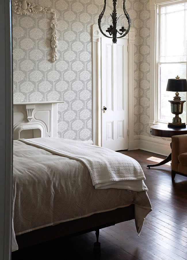 Zaria Grey Topiary Wallpaper - Toile Wallpaper