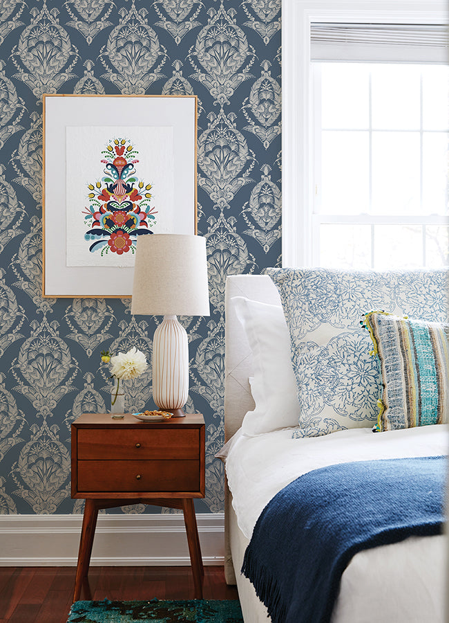 Arlie Indigo Botanical Damask Wallpaper - Damask Wallpaper