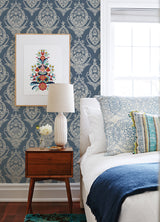 Arlie Indigo Botanical Damask Wallpaper - Damask Wallpaper