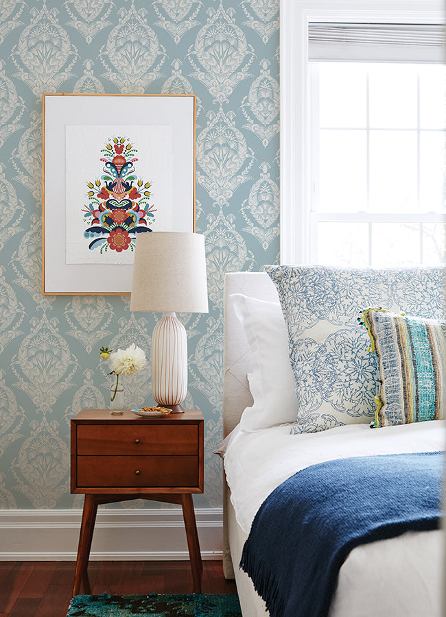 Arlie Light Blue Botanical Damask Wallpaper - Damask Wallpaper