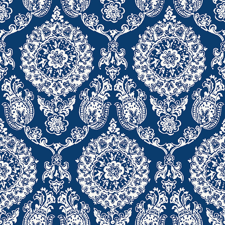 Helm Damask Navy Floral Medallion Wallpaper - Scroll Wallpaper