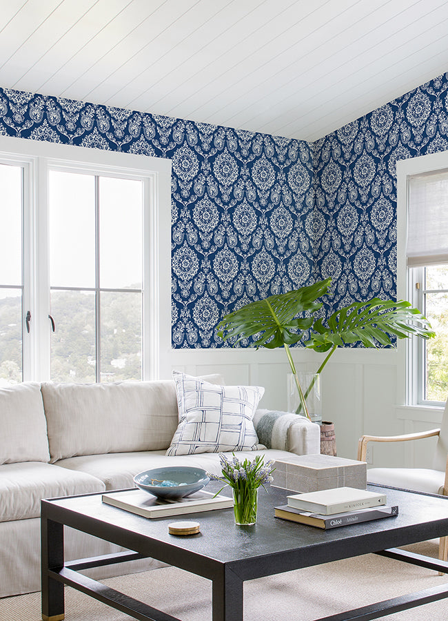 Helm Damask Navy Floral Medallion Wallpaper - Damask Wallpaper