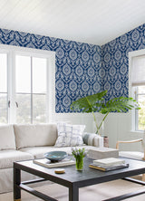 Helm Damask Navy Floral Medallion Wallpaper - Damask Wallpaper