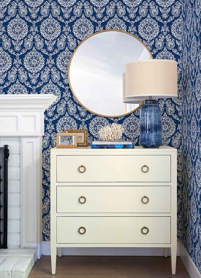Helm Damask Navy Floral Medallion Wallpaper - Damask Wallpaper