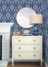 Helm Damask Navy Floral Medallion Wallpaper - Scroll Wallpaper