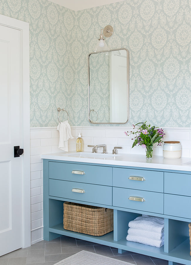 Helm Damask Aqua Floral Medallion Wallpaper - Scroll Wallpaper