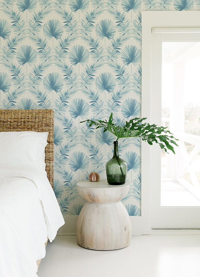 Calla Blue Painted Palm Wallpaper - Damask Wallpaper