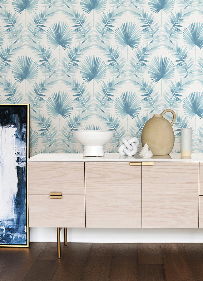 Calla Blue Painted Palm Wallpaper - Damask Wallpaper