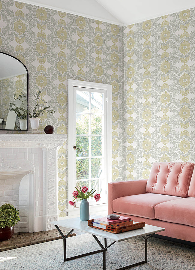 Villa Light Yellow Embellished Ogee Wallpaper - Scroll Wallpaper
