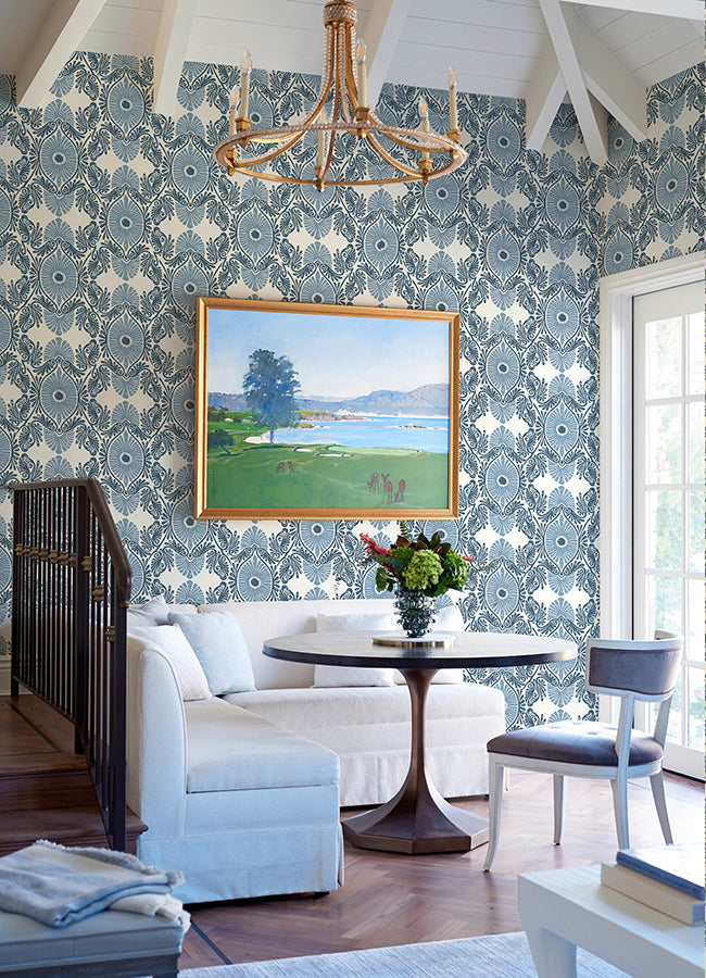 Villa Blue Embellished Ogee Wallpaper - Scroll Wallpaper